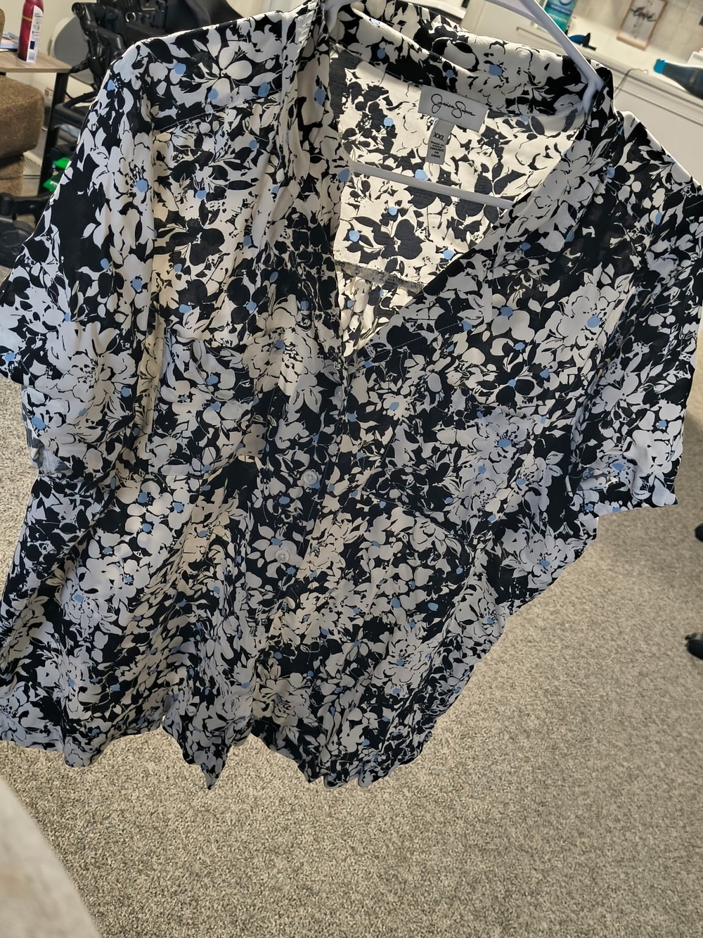 Joan Vass Black and White Floral Button-Down Shirt